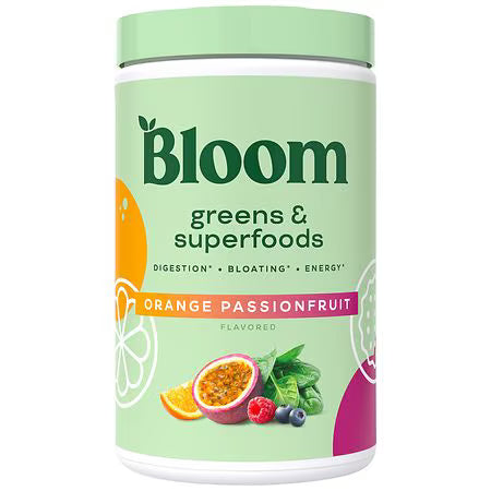 Bloom Nutrition Verdes y superalimentos de maracuyá naranja