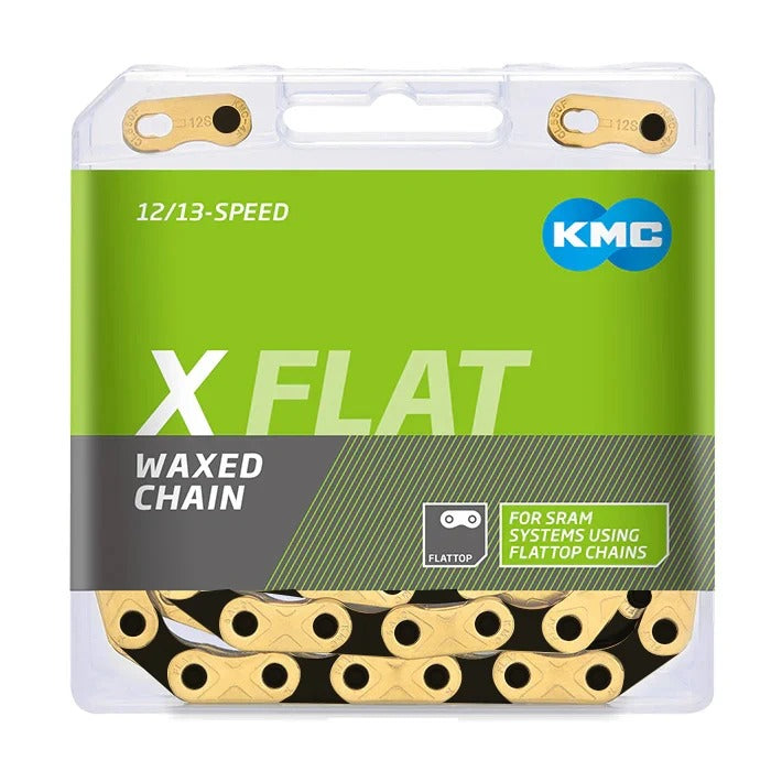 Cadena KMC X-Flat Waxed - 12/13-Velocidades, 126 Links, Compatible con SRAM T-Type y AXS, Ti Gold